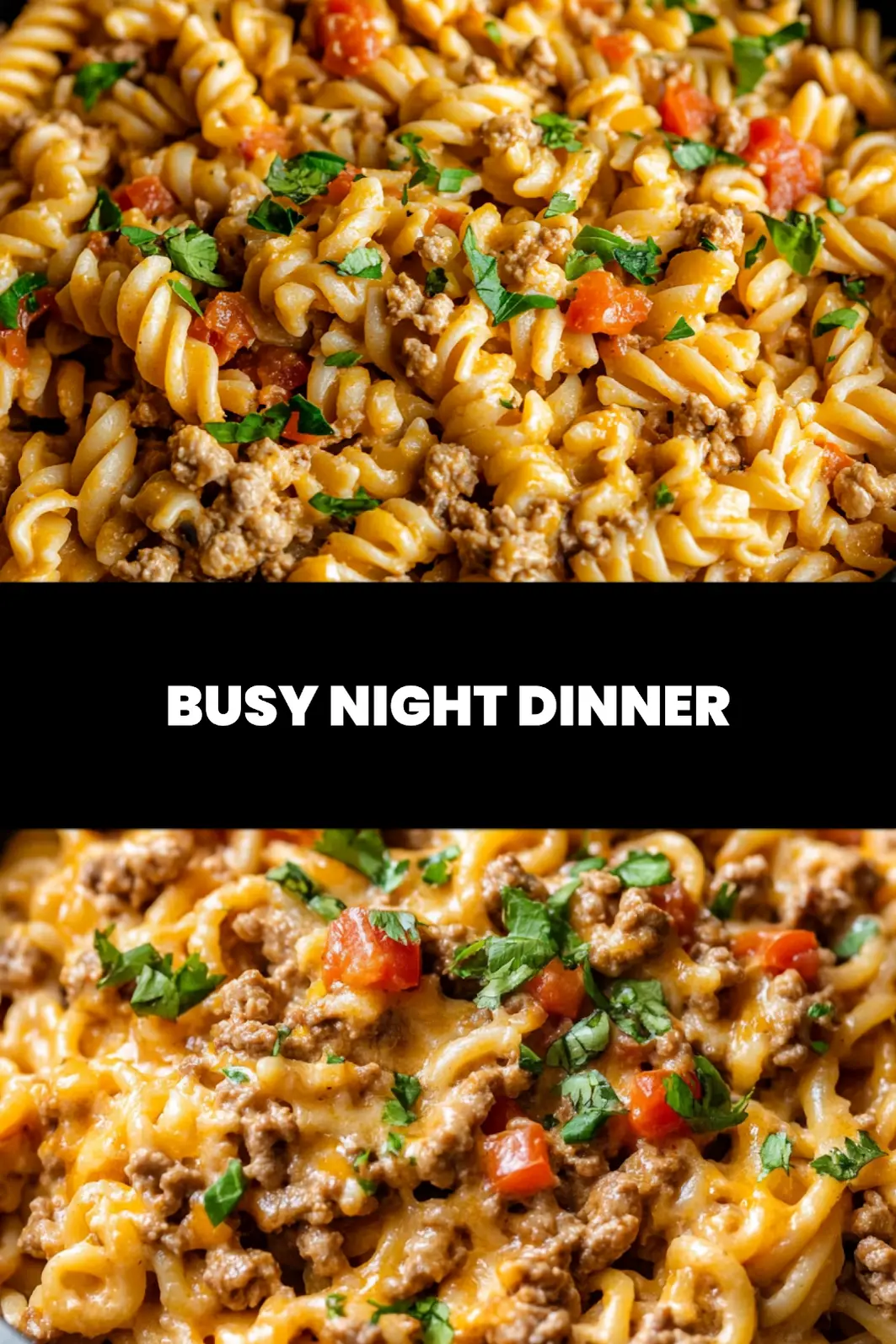 ONE-POT TACO PASTA centered hero view, clean and uncluttered