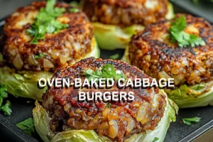 OVEN-BAKED CABBAGE BURGERS centered hero view, clean and uncluttered