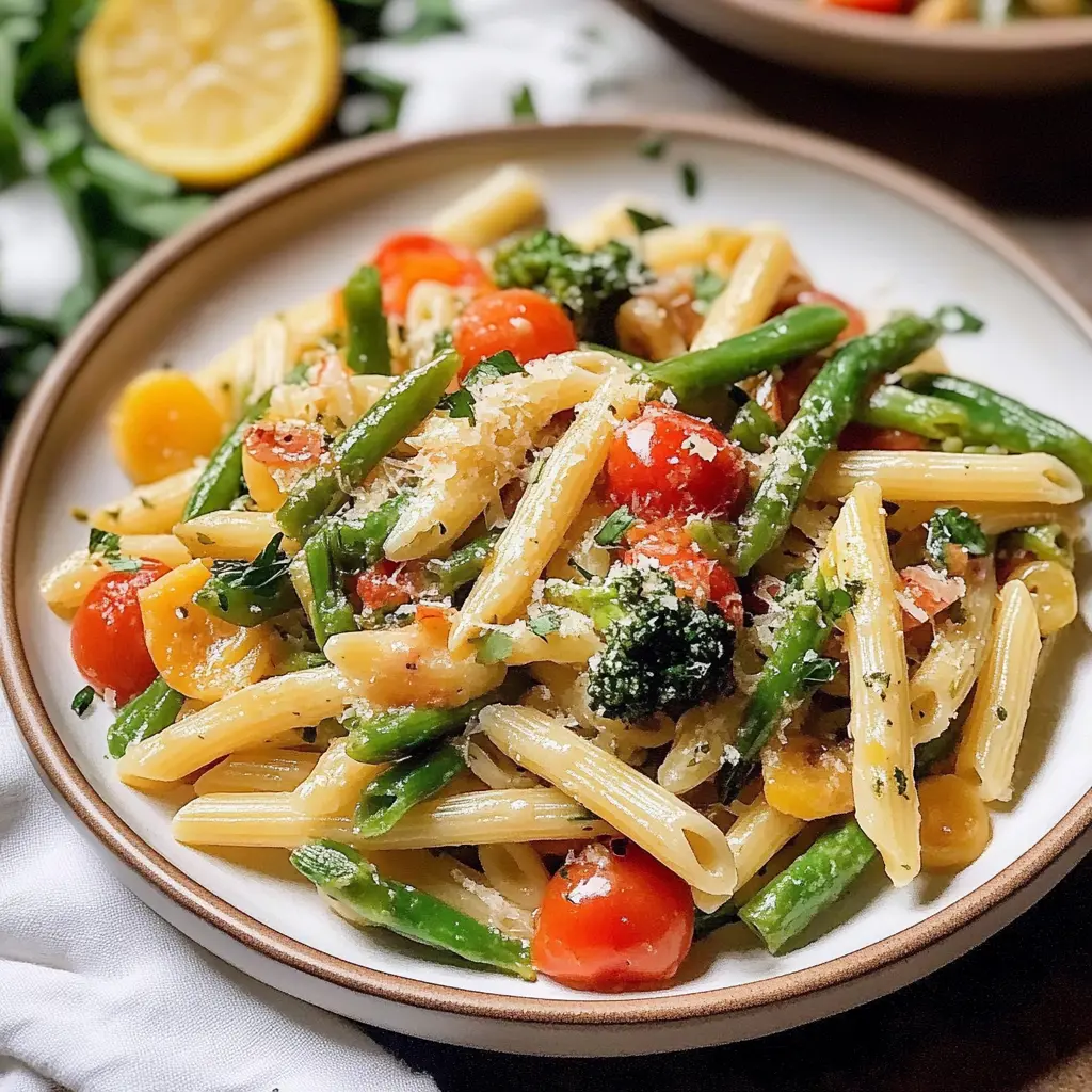Pasta Primavera with vibrant vegetables in creamy lemon sauce