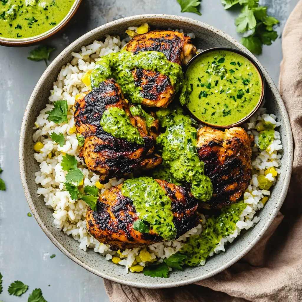 Peruvian Chicken and Rice with Green Sauce, golden roasted chicken over fluffy rice with vibrant green sauce