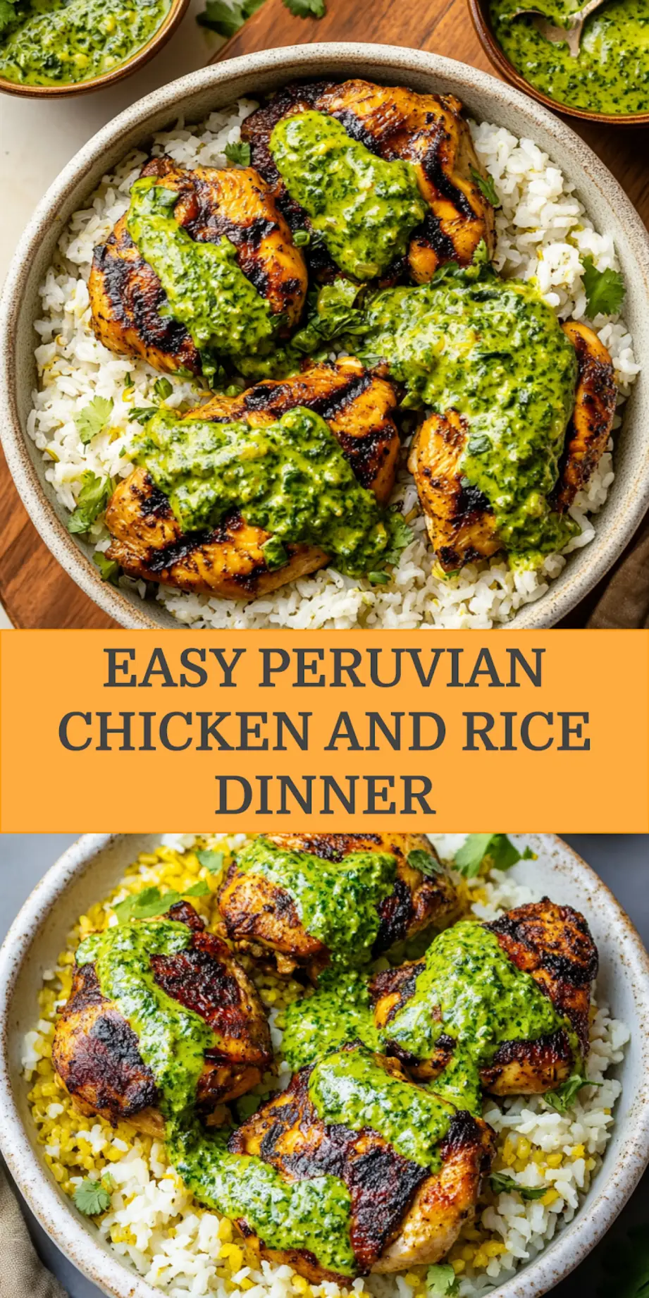 Peruvian Chicken and Rice with Green Sauce, golden roasted chicken over fluffy rice with vibrant green sauce