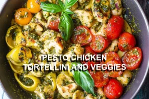 PESTO CHICKEN TORTELLINI AND VEGGIES centered hero view, clean and uncluttered