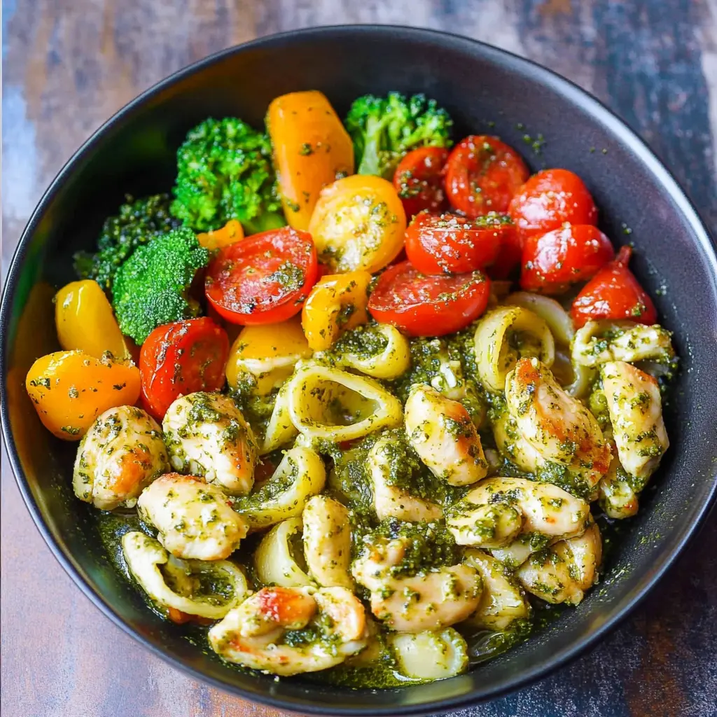 PESTO CHICKEN TORTELLINI AND VEGGIES centered hero view, clean and uncluttered