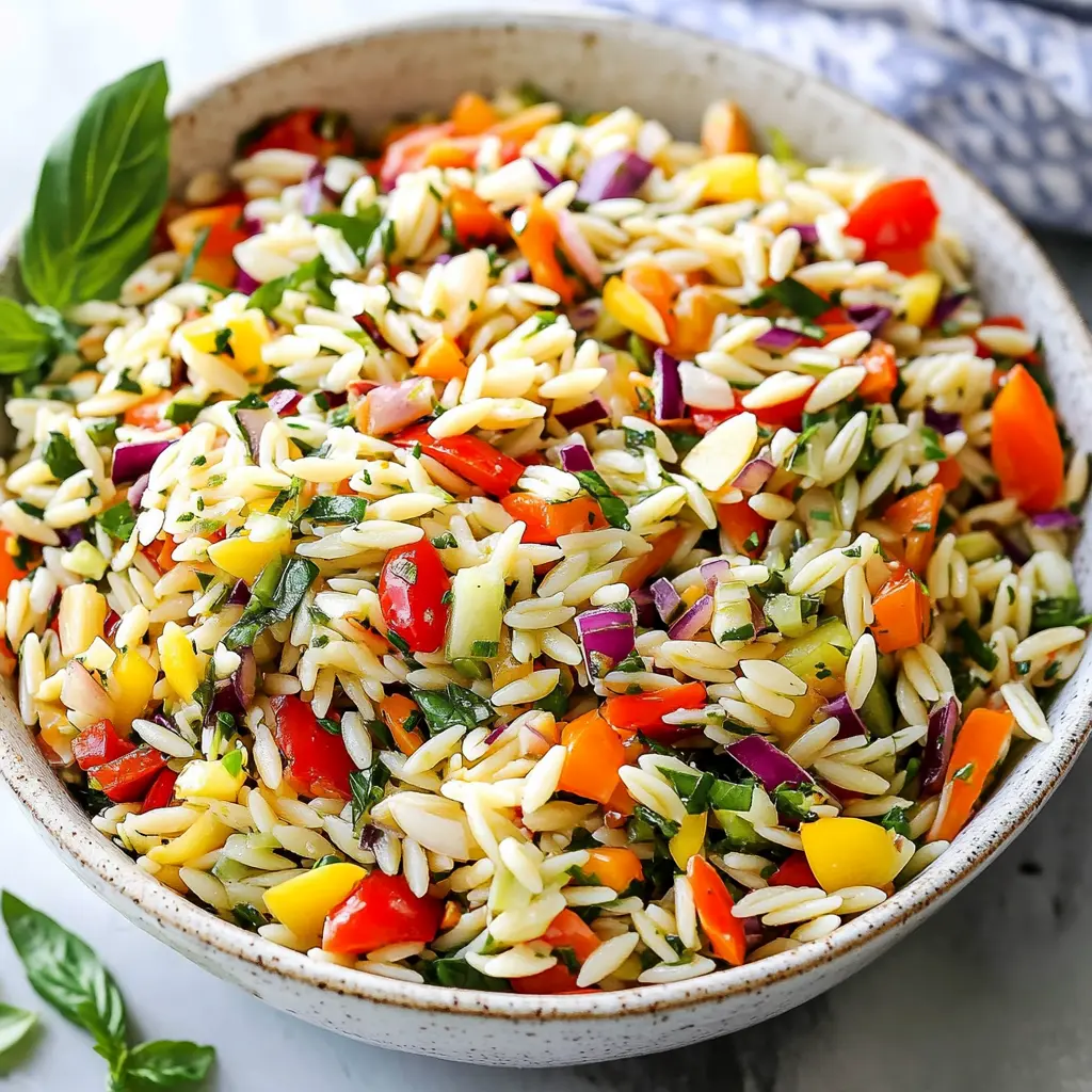 Rainbow orzo salad with colorful bell peppers, cucumber, and fresh herbs in a serving bowl