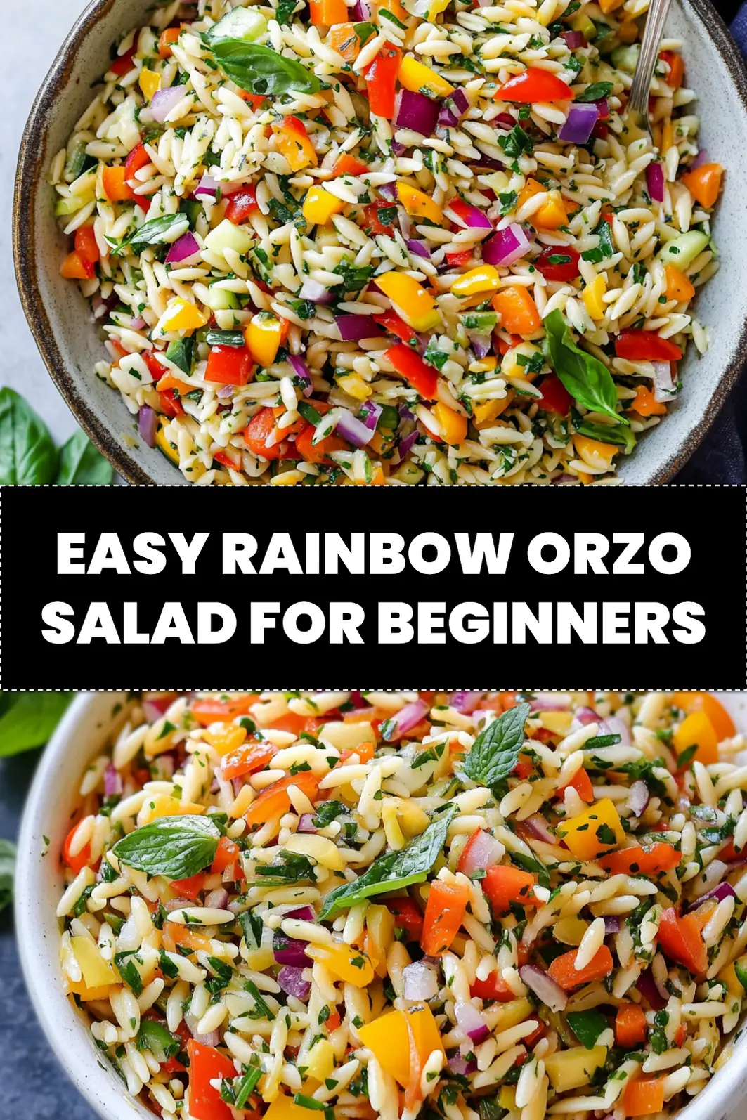 Vibrant rainbow orzo salad with fresh vegetables, perfect for sharing