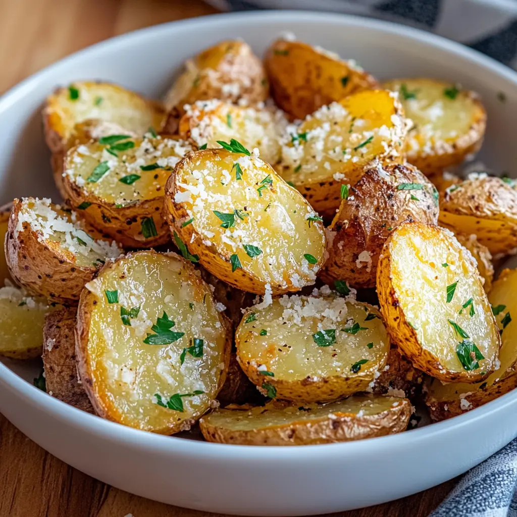 AIR FRYER BAKED GARLIC PARMESAN POTATOES centered hero view, clean and uncluttered