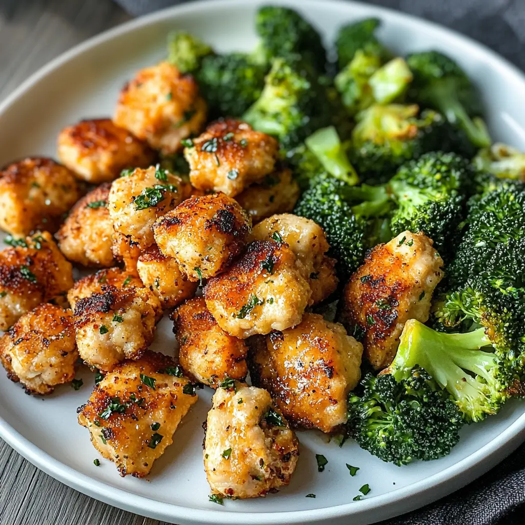 AIR FRYER CHICKEN BITES AND BROCCOLI centered hero view, clean and uncluttered