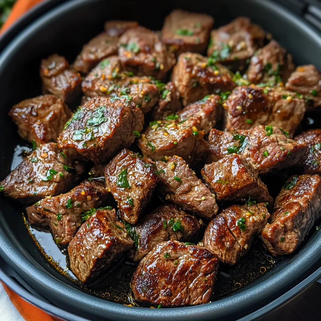 AIR FRYER GARLIC BUTTER STEAK BITES centered hero view, clean and uncluttered