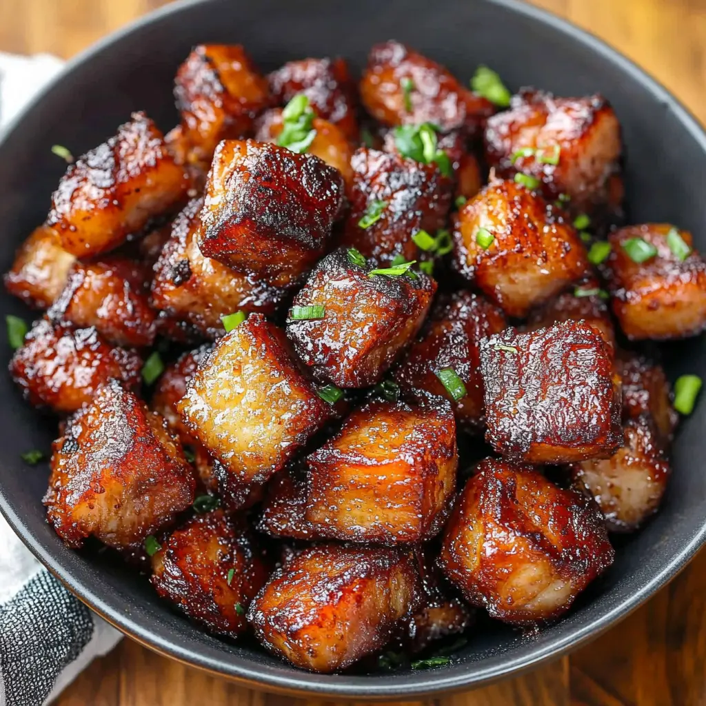 AIR FRYER PORK BELLY BITES centered hero view, clean and uncluttered