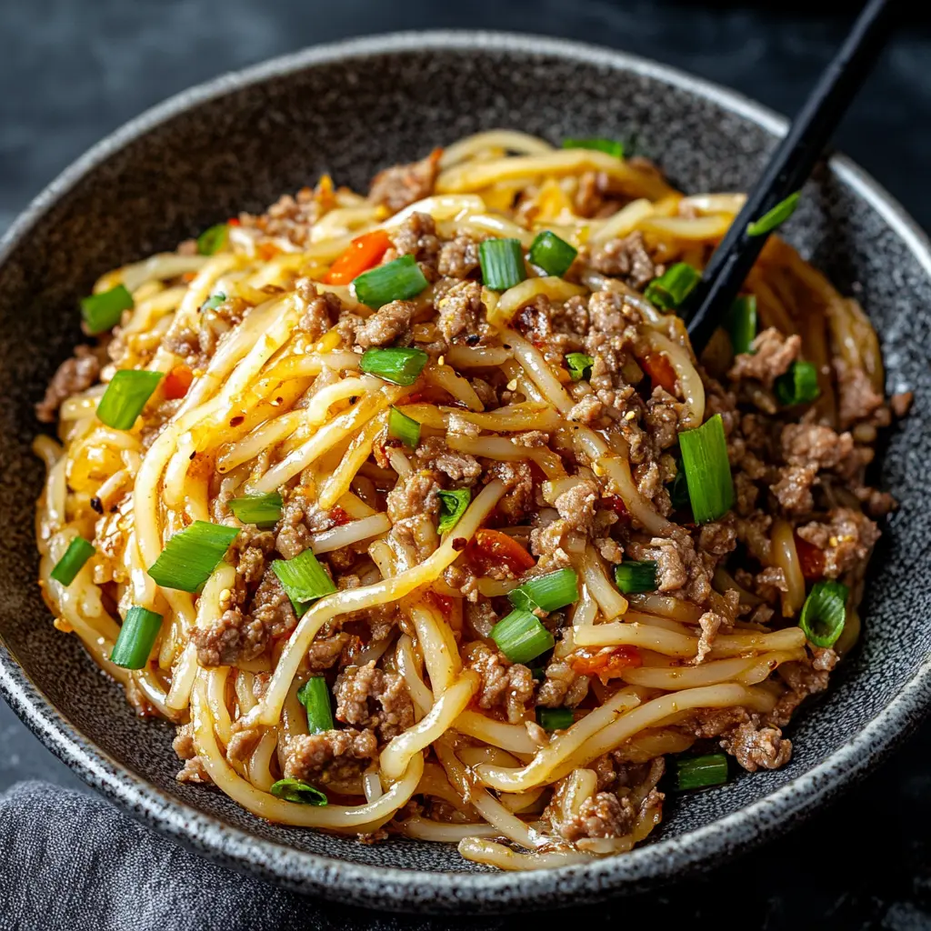 ASIAN GROUND BEEF NOODLES centered hero view, clean and uncluttered