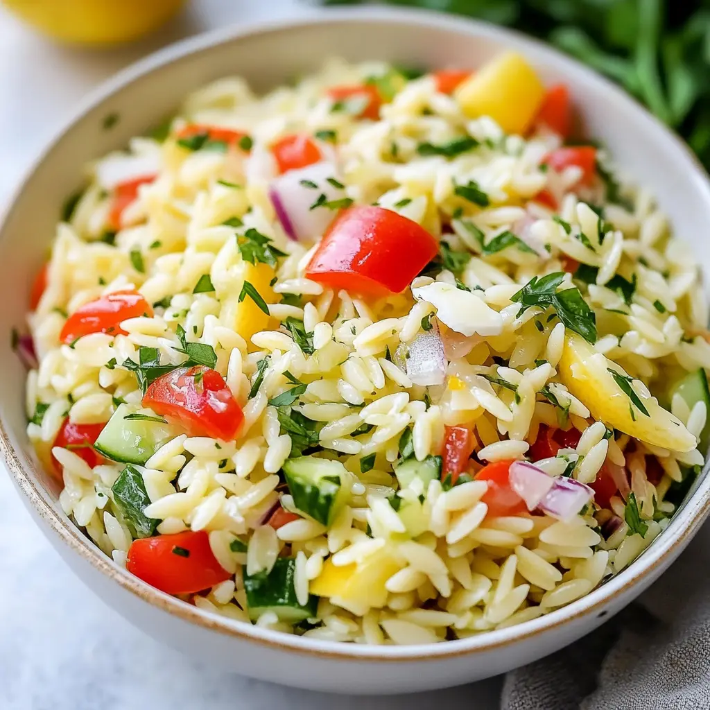 BEST LEMON ORZO PASTA SALAD centered hero view, clean and uncluttered