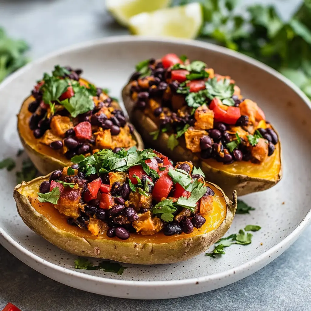 BLACK BEAN STUFFED SWEET POTATOES centered hero view, clean and uncluttered