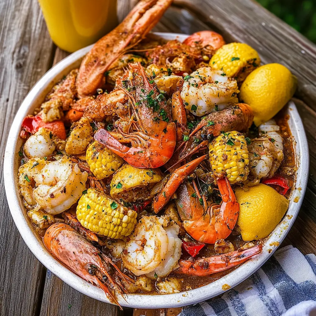 Cajun Seafood Boil with Garlic Butter Sauce Recipe Easy 2 CAJUN SEAFOOD BOIL WITH GARLIC BUTTER SAUCE centered hero view, clean and uncluttered