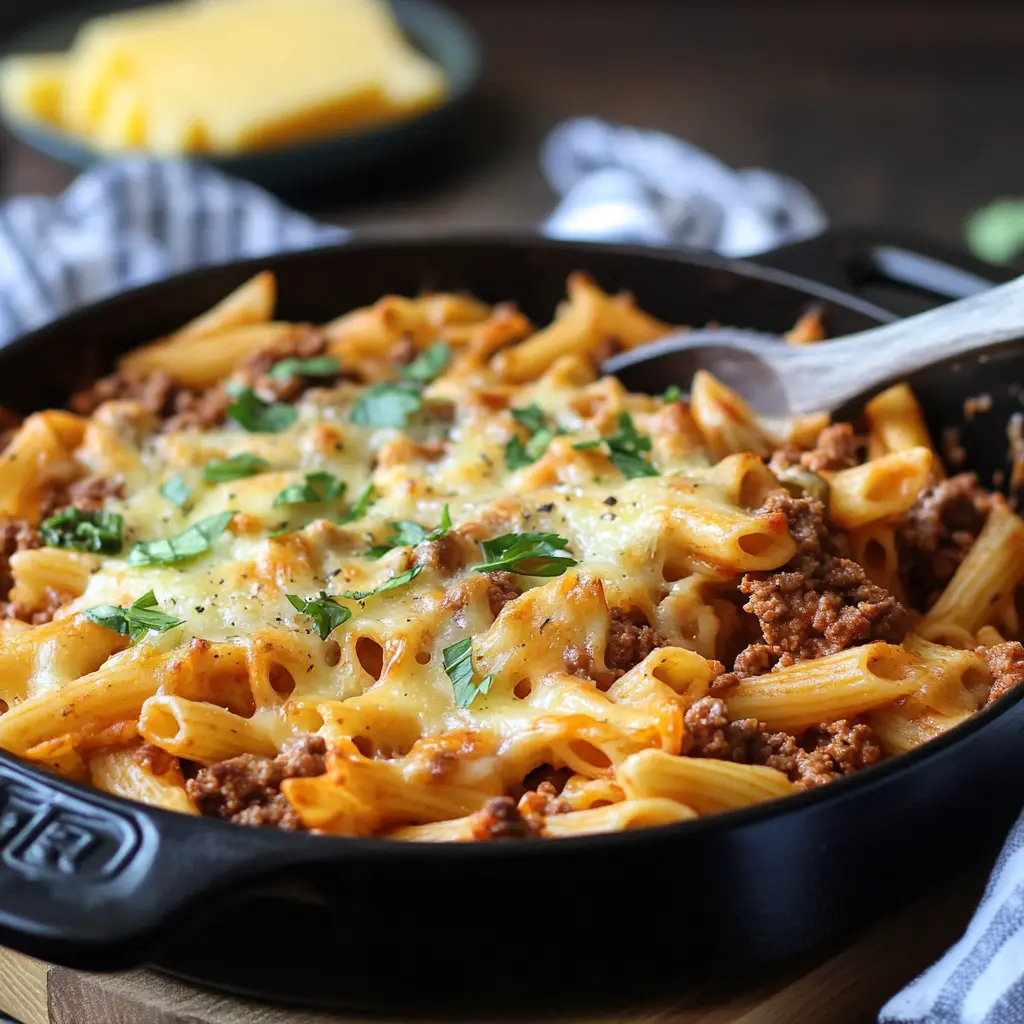 CHEESY GROUND BEEF PASTA BAKE centered hero view, clean and uncluttered