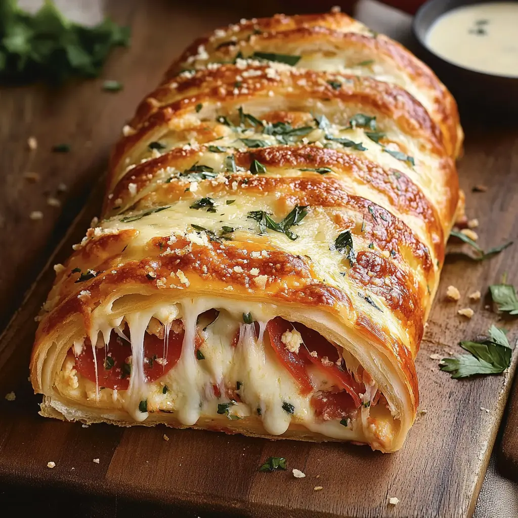 CHEESY ITALIAN STROMBOLI centered hero view, clean and uncluttered