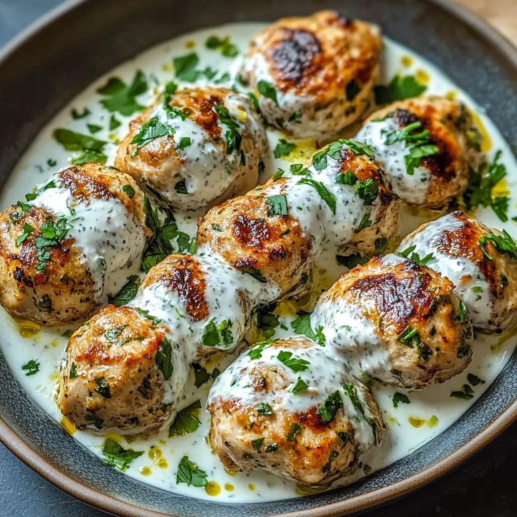 CHICKEN KOFTA WITH GARLIC YOGURT SAUCE centered hero view, clean and uncluttered