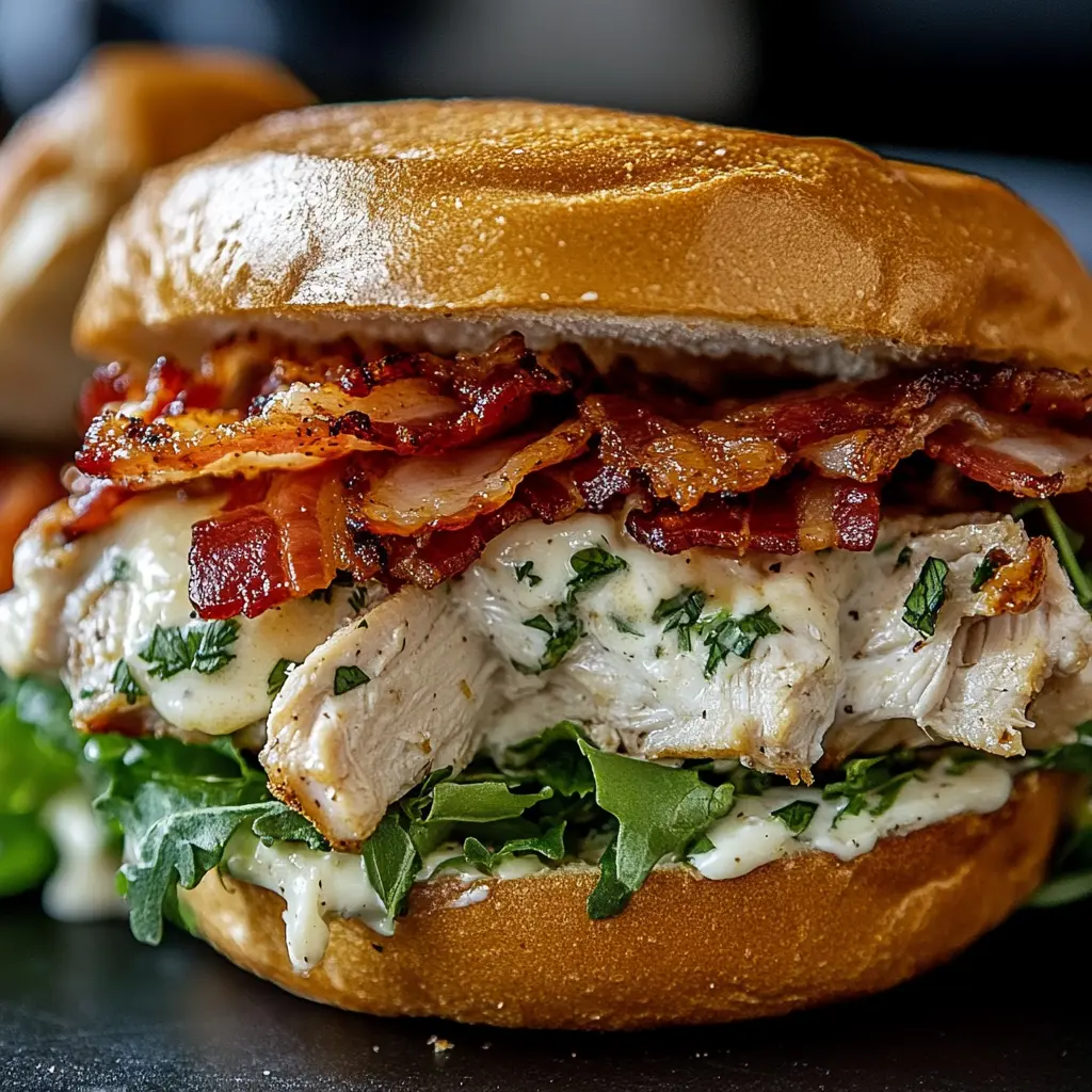 CHOPPED CHICKEN BACON RANCH SANDWICH centered hero view, clean and uncluttered