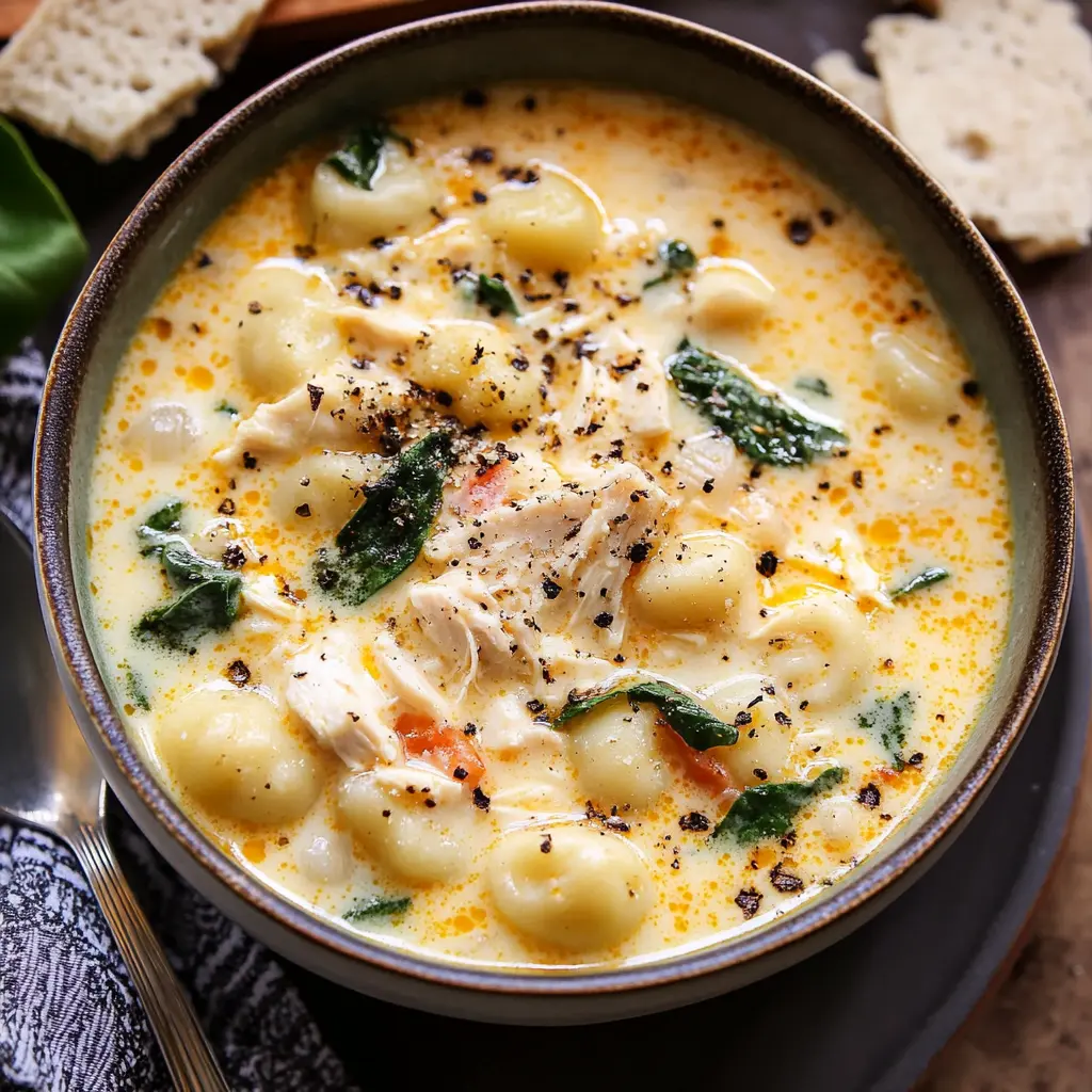 CREAMY CHICKEN GNOCCHI SOUP centered hero view, clean and uncluttered