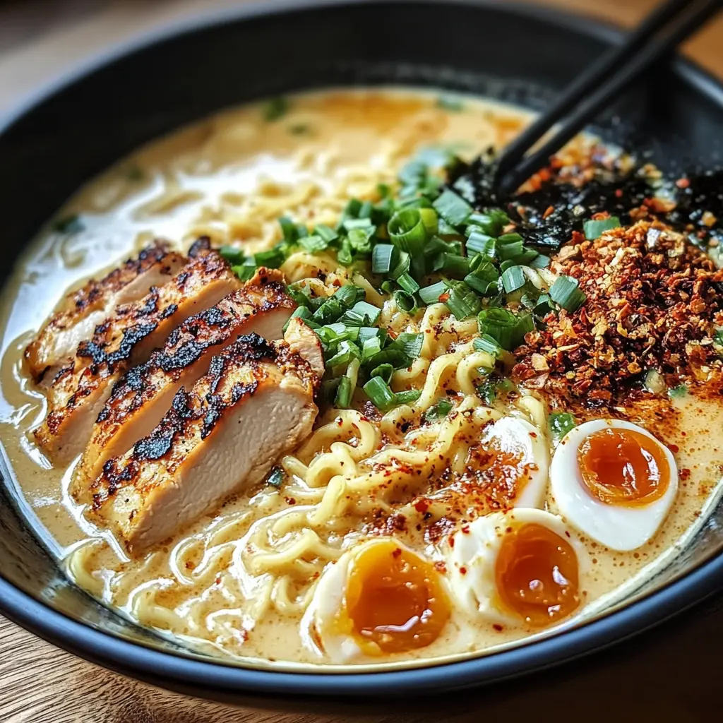 CREAMY GARLIC CHICKEN RAMEN centered hero view, clean and uncluttered