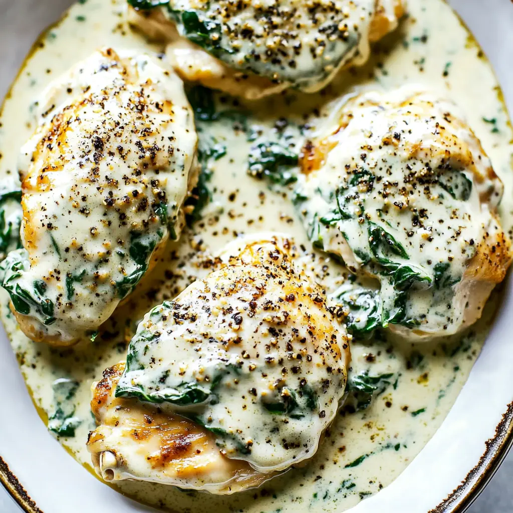Creamy Spinach Chicken Easy Weeknight Dinner Recipe 2 CREAMY SPINACH CHICKEN centered hero view, clean and uncluttered