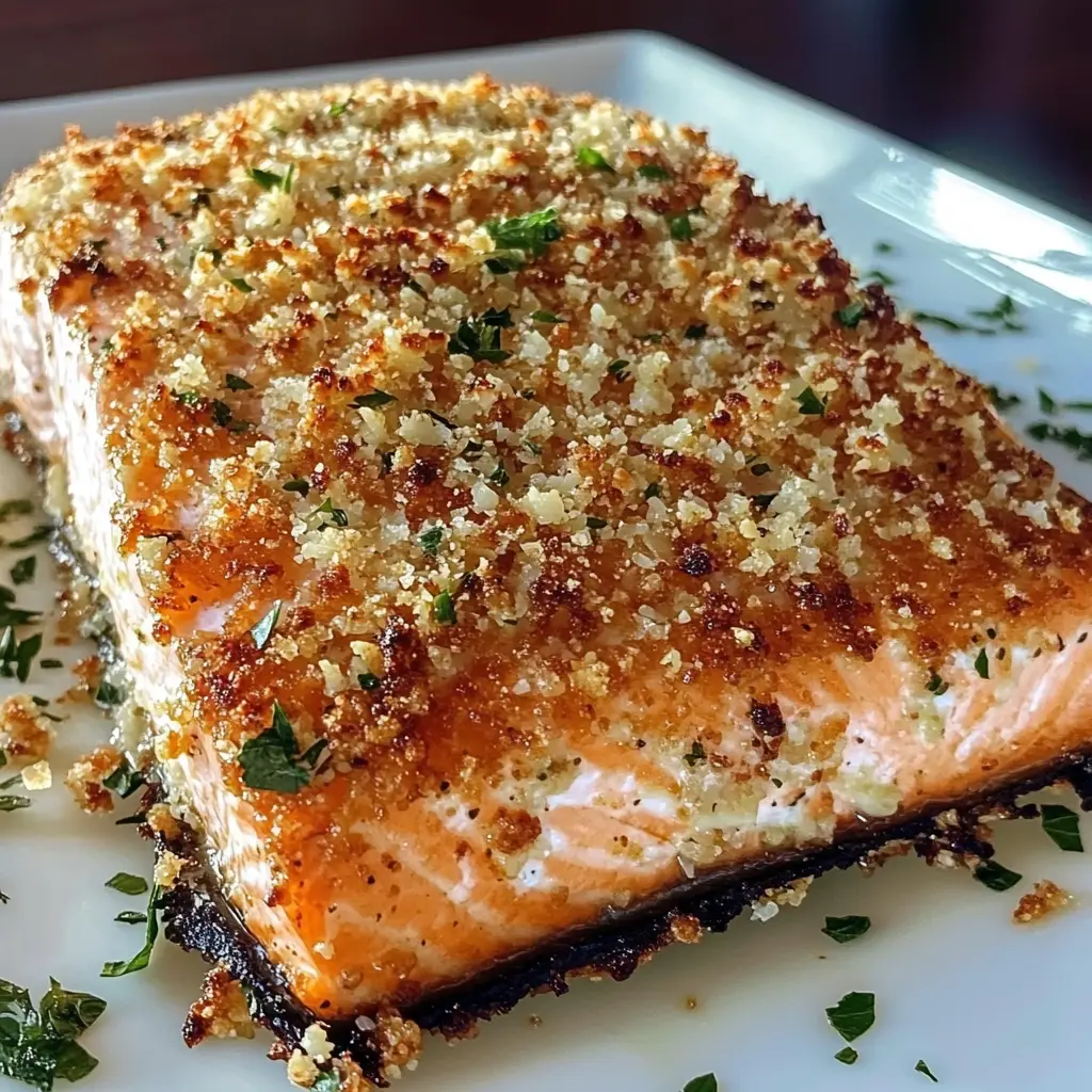 CRISPY PARMESAN CRUSTED BAKED SALMON centered hero view, clean and uncluttered