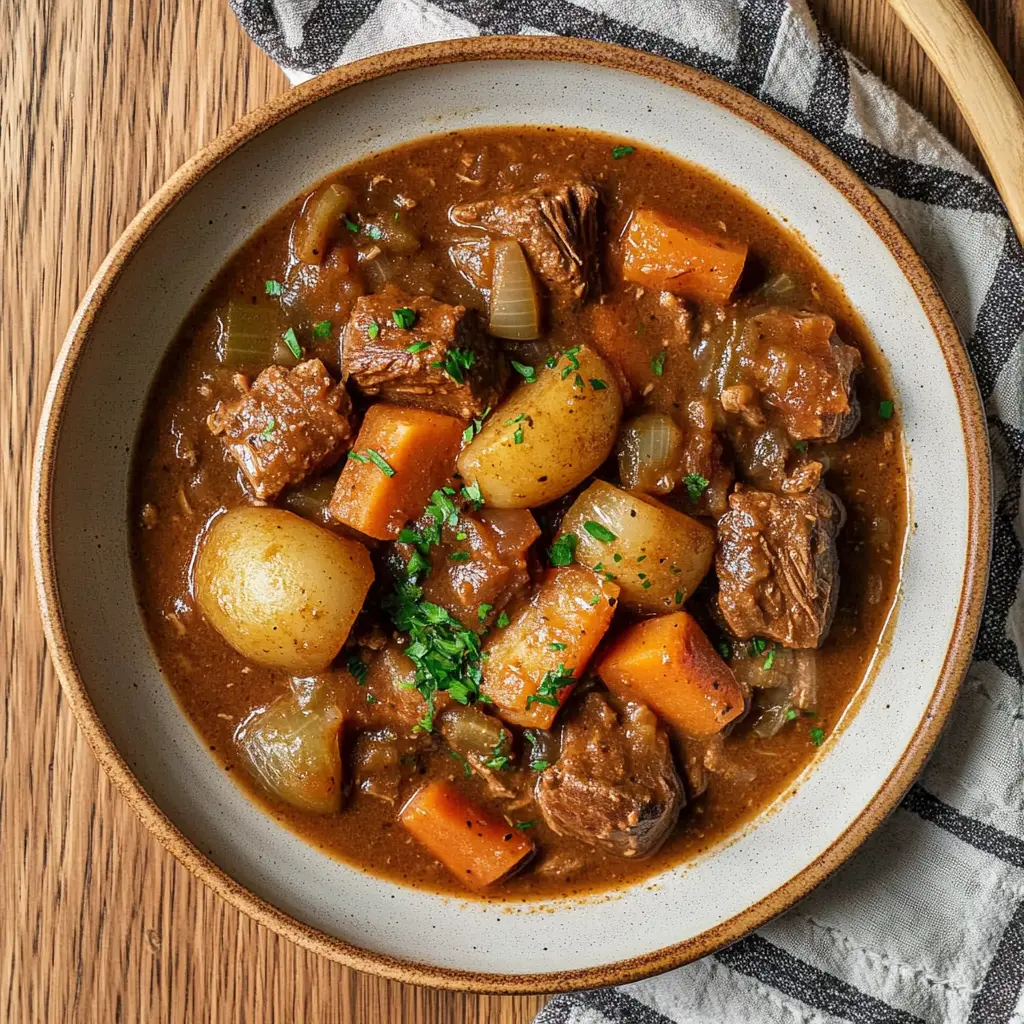 Crockpot Beef Stew Recipe Easy Cozy Weeknight Dinner 2 CROCKPOT BEEF STEW centered hero view, clean and uncluttered