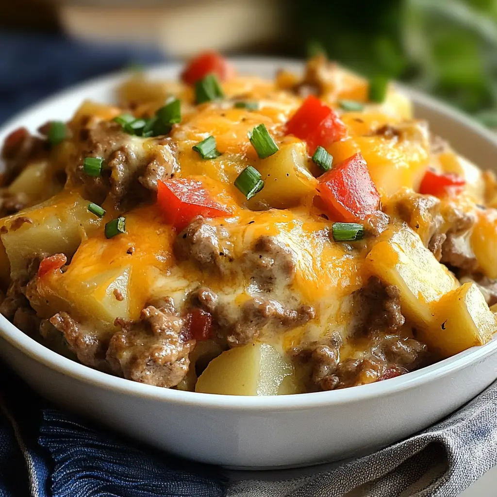 CROCKPOT CHEESESTEAK POTATO CASSEROLE centered hero view, clean and uncluttered