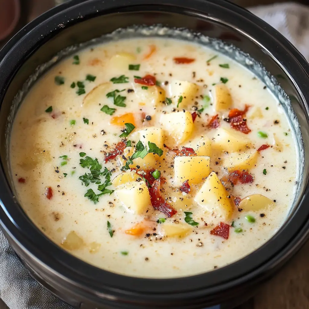 CROCKPOT POTATO SOUP centered hero view, clean and uncluttered