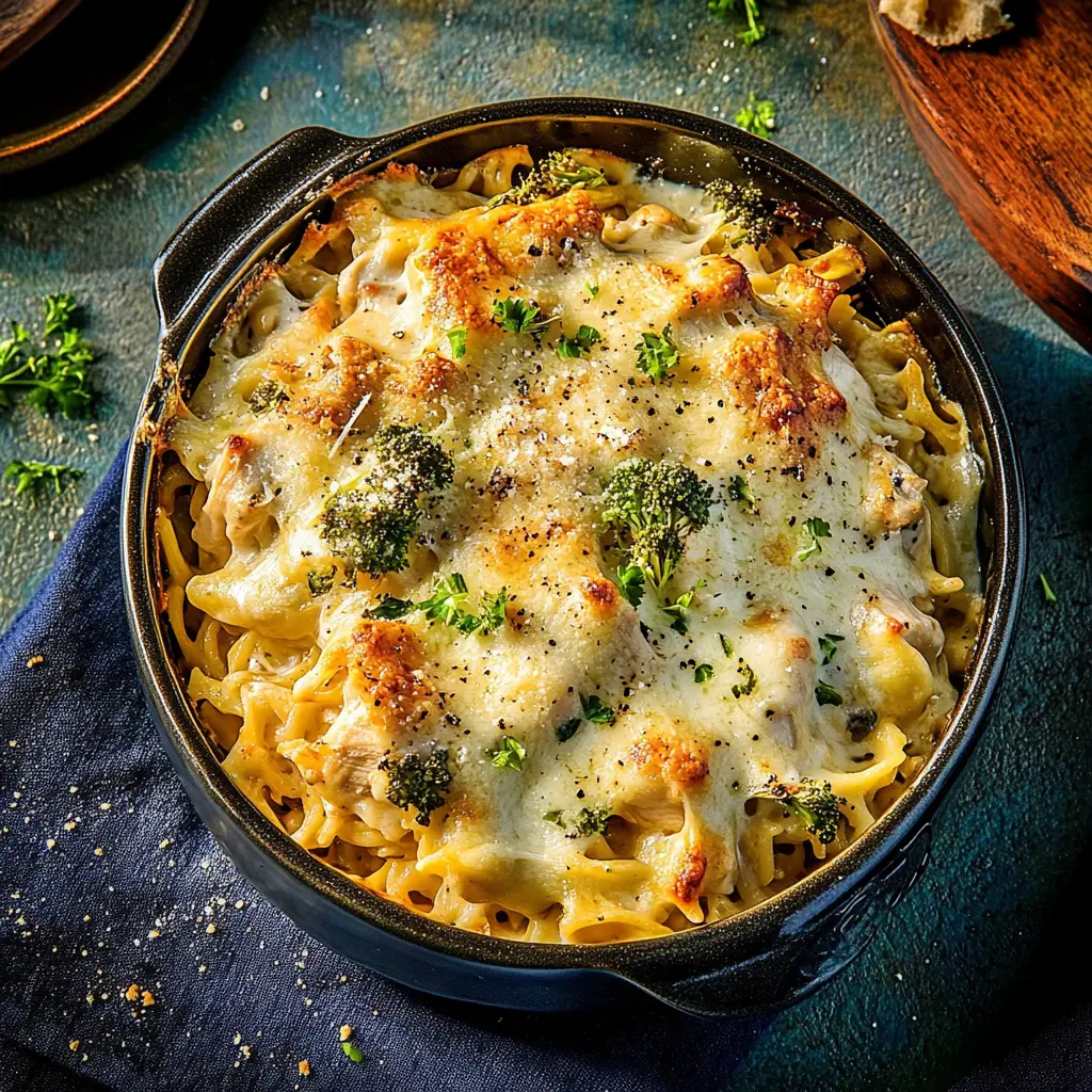 Dump and Bake Chicken Alfredo Noodle Casserole Easy Weeknight Dinner 2 DUMP AND BAKE CHICKEN ALFREDO NOODLE CASSEROLE centered hero view, clean and uncluttered