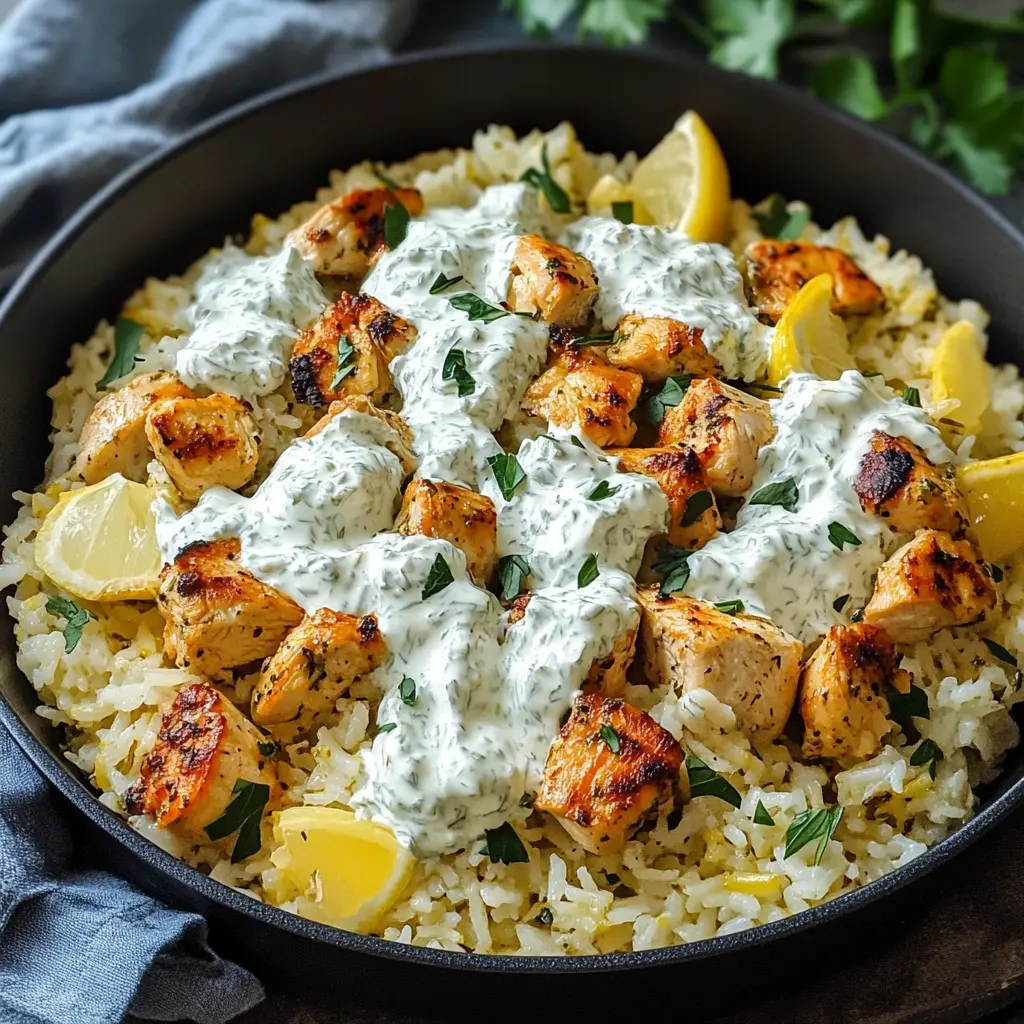DUMP AND BAKE CHICKEN TZATZIKI RICE centered hero view, clean and uncluttered