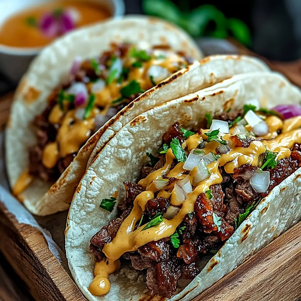 GARLIC BUTTER HONEY BBQ BEEF TACOS centered hero view, clean and uncluttered