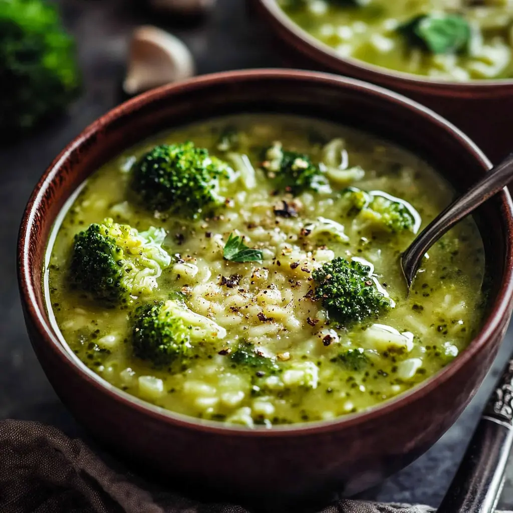 GARLIC ITALIAN BROCCOLI SOUP centered hero view, clean and uncluttered