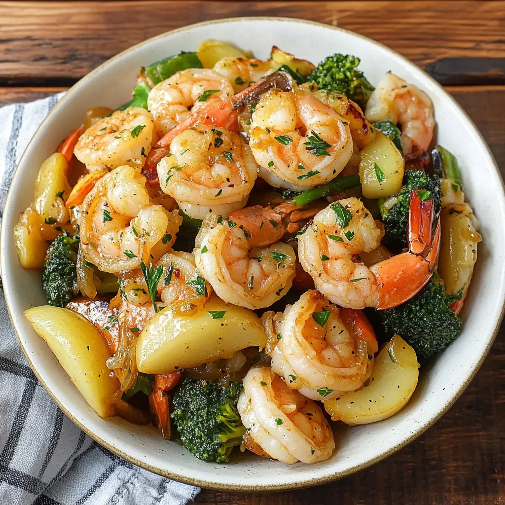 GARLIC SHRIMP STIR FRY centered hero view, clean and uncluttered