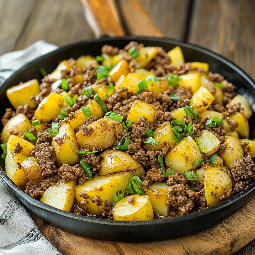 Ground Beef and Potato Skillet Easy Weeknight Dinner 2 GROUND BEEF AND POTATO SKILLET centered hero view, clean and uncluttered