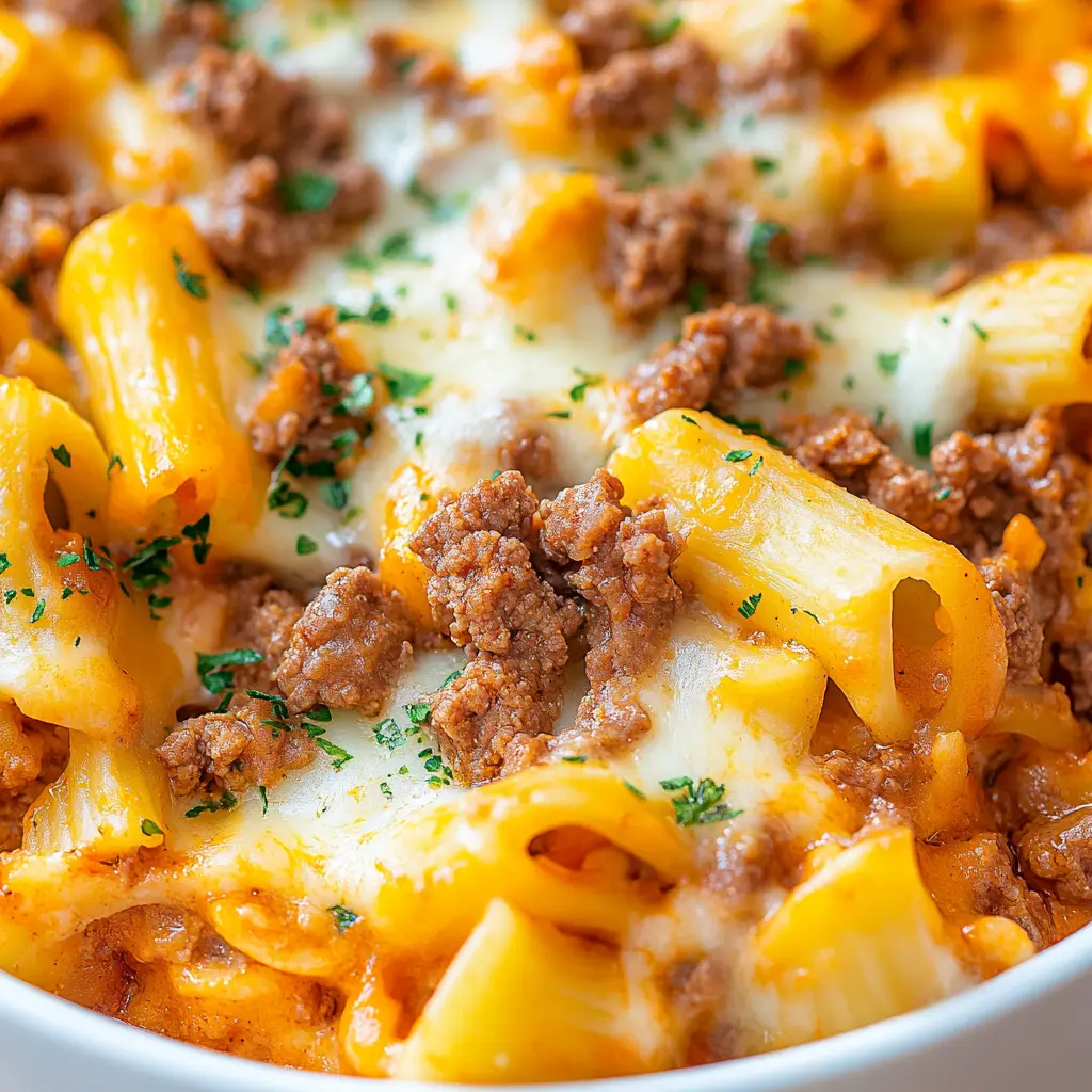 GROUND BEEF CASSEROLE centered hero view, clean and uncluttered