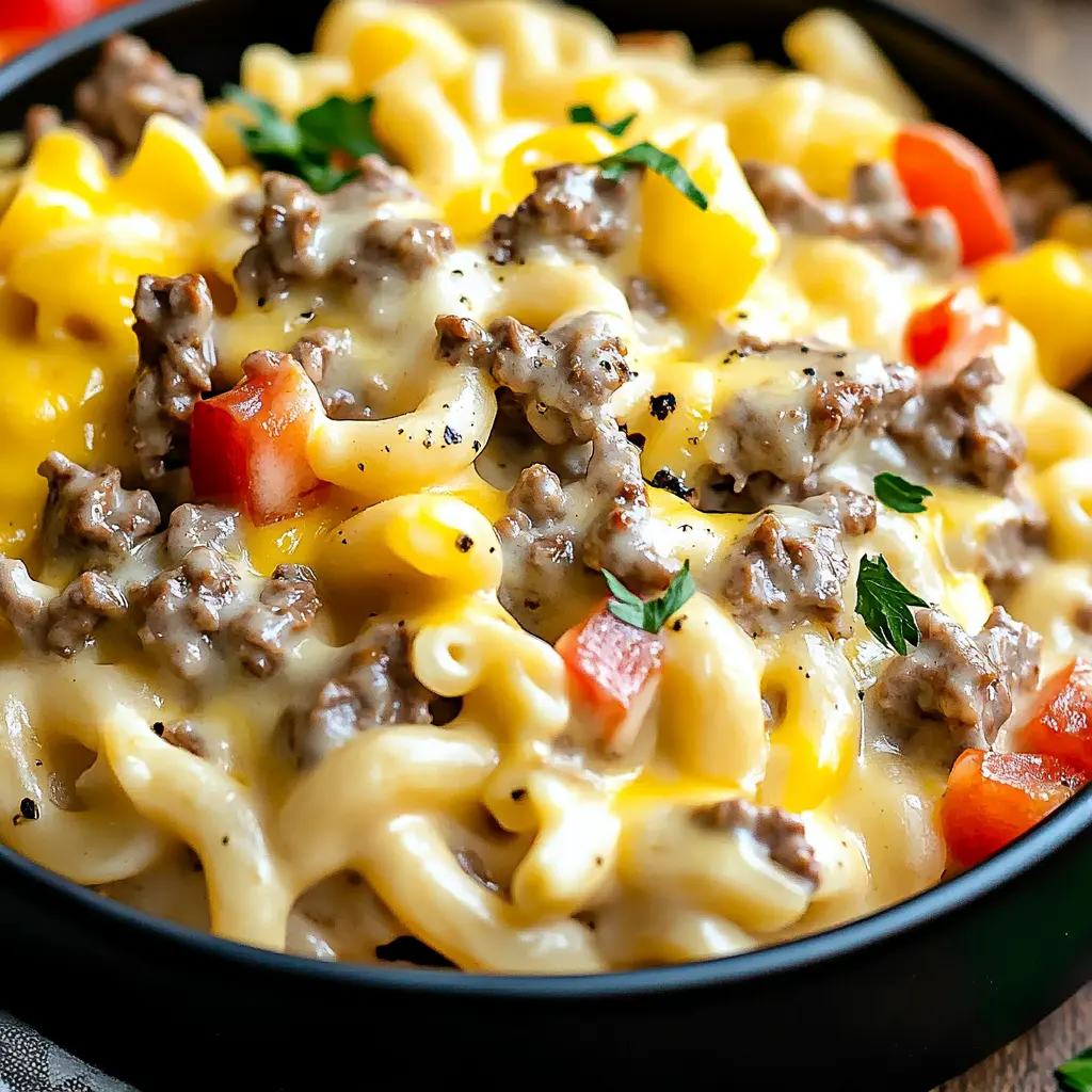 HIGH PROTEIN CREAMY PHILLY CHEESESTEAK MAC centered hero view, clean and uncluttered