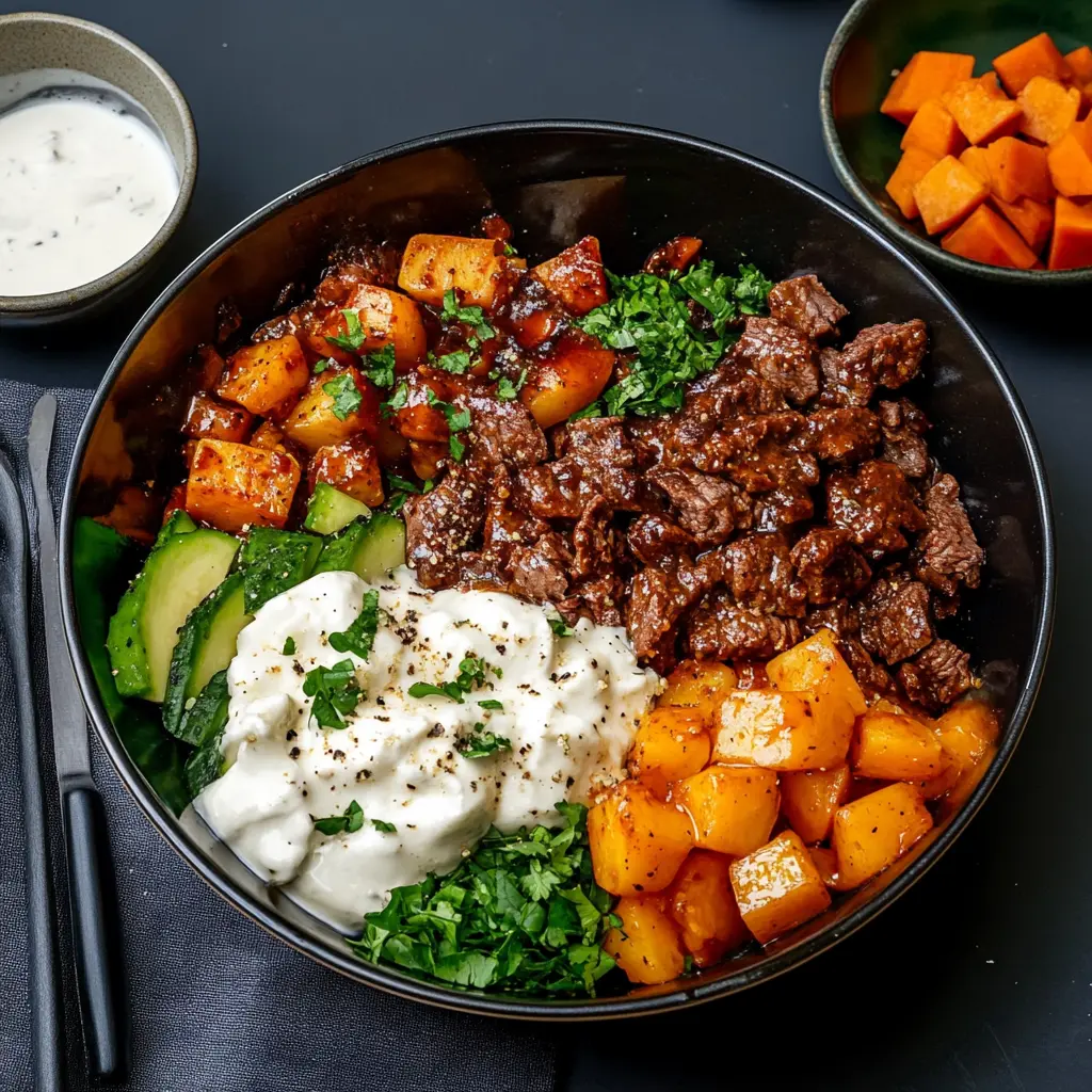 HOT HONEY COTTAGE CHEESE SWEET POTATO BEEF BOWL centered hero view, clean and uncluttered