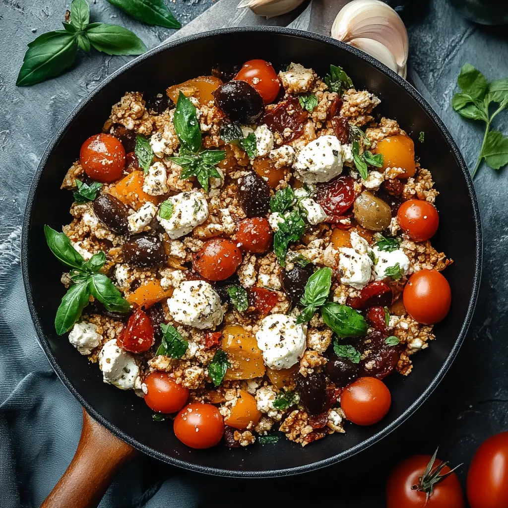 MEDITERRANEAN KETO GROUND CHICKEN SKILLET centered hero view, clean and uncluttered