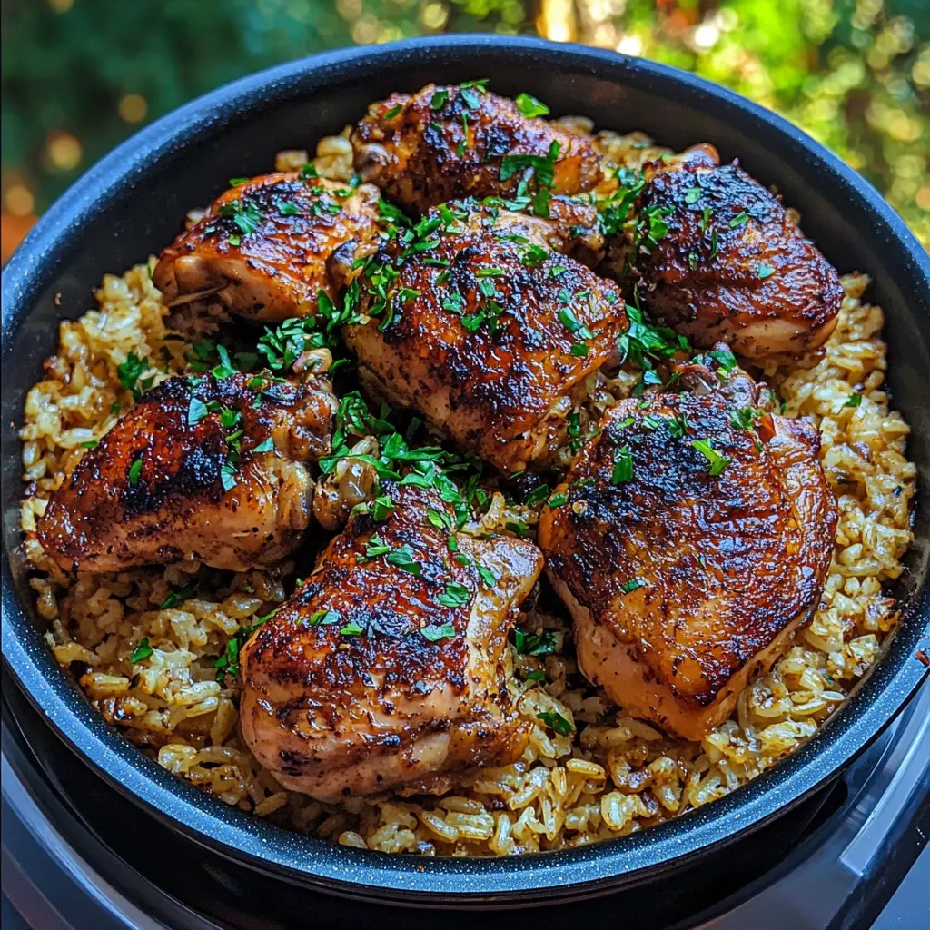ONE PAN CHICKEN AND GARLIC RICE centered hero view, clean and uncluttered