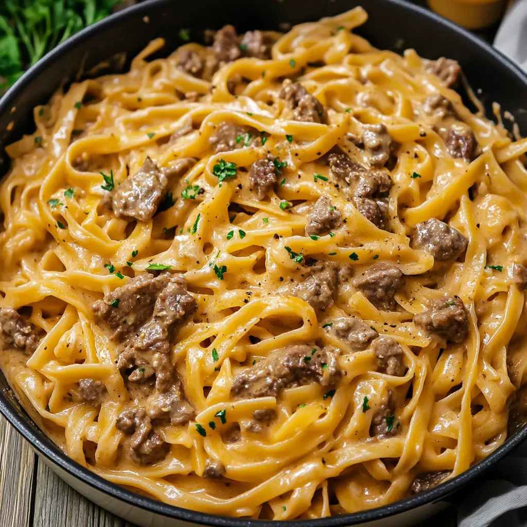 ONE POT CREAMY BEEF AND GARLIC BUTTER PASTA centered hero view, clean and uncluttered