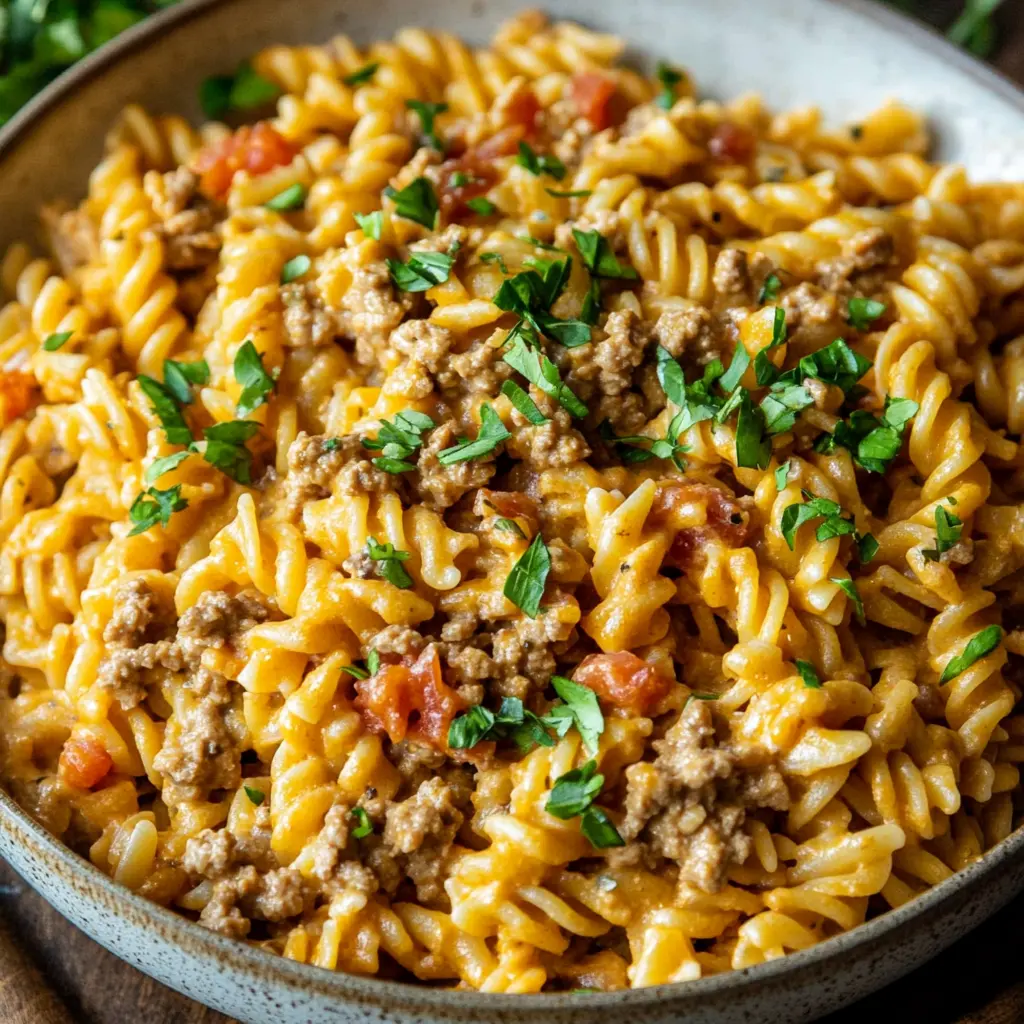 ONE-POT TACO PASTA centered hero view, clean and uncluttered
