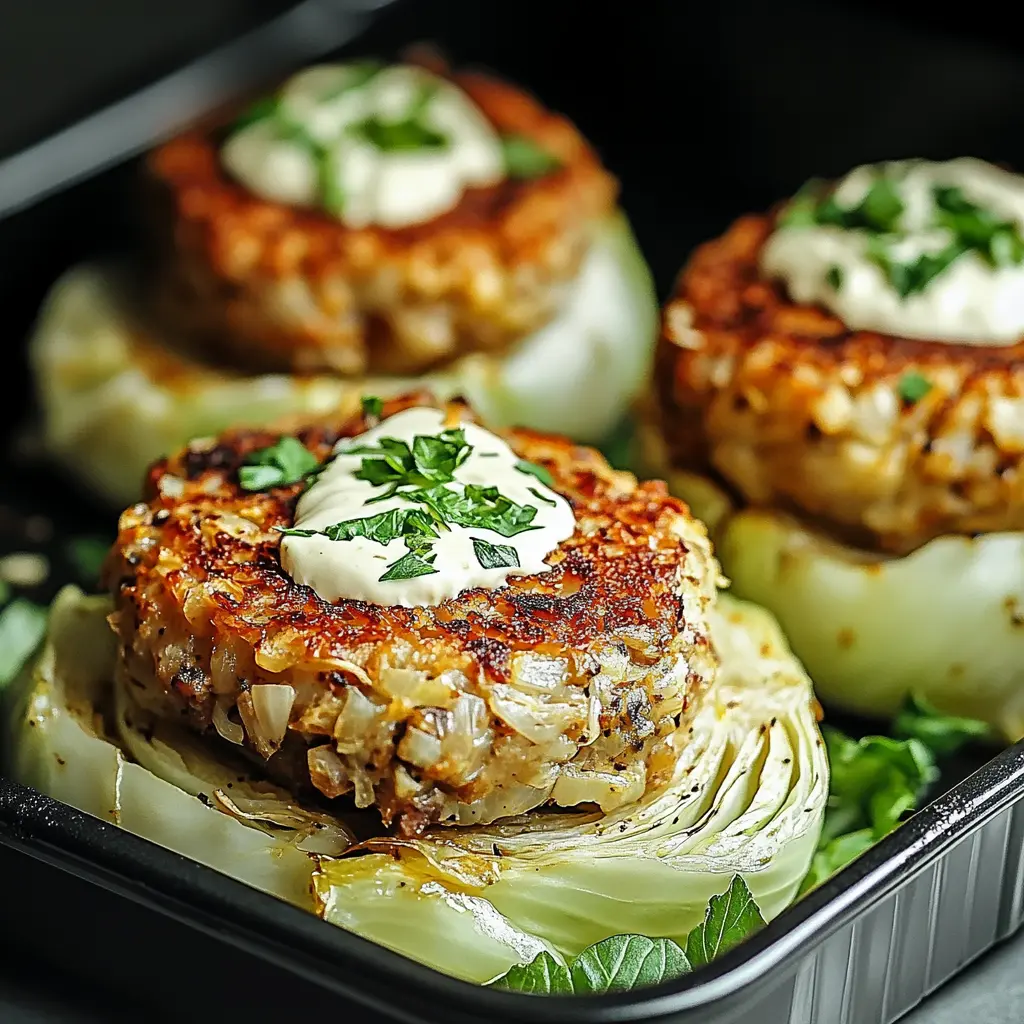 OVEN-BAKED CABBAGE BURGERS centered hero view, clean and uncluttered