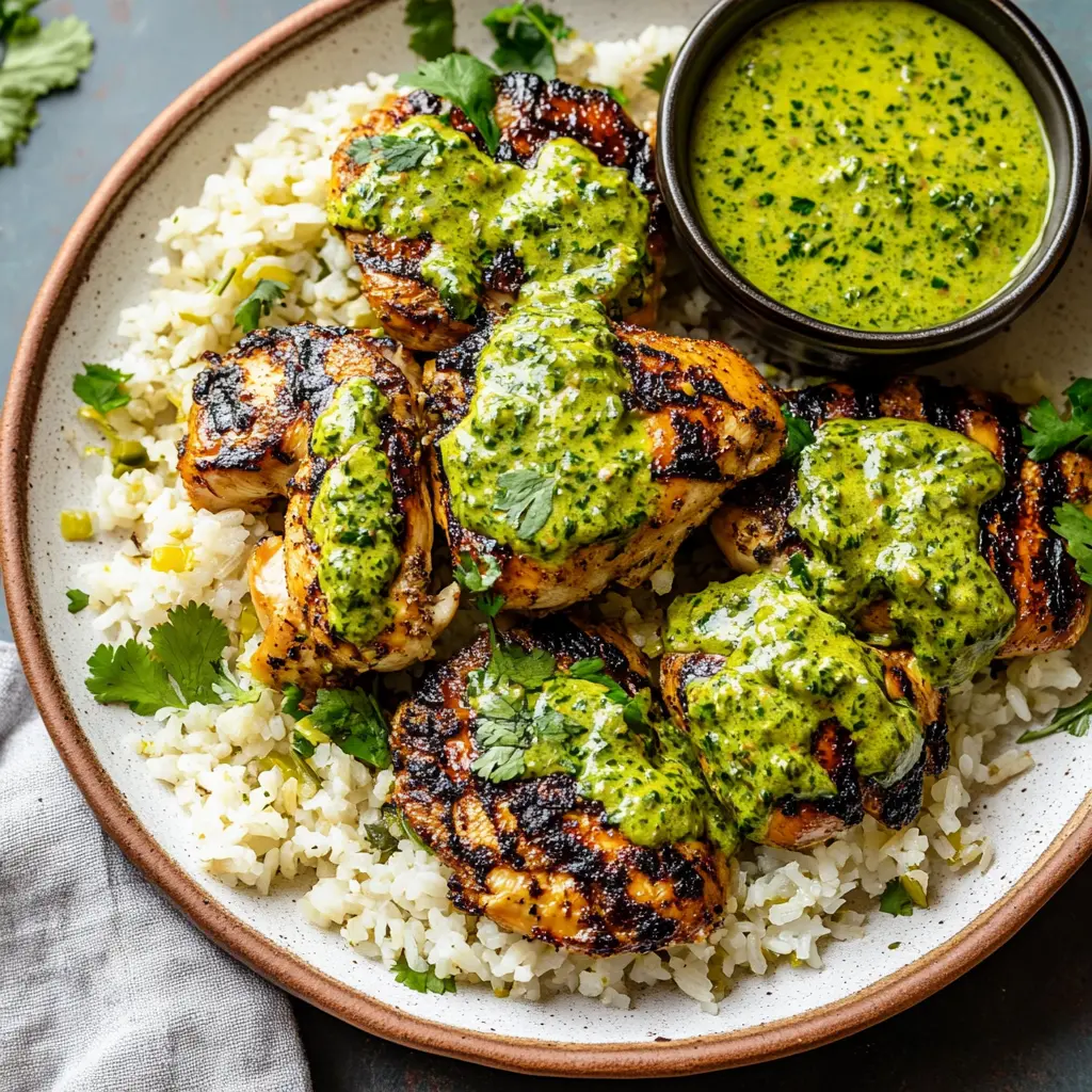 PERUVIAN CHICKEN AND RICE WITH GREEN SAUCE centered hero view, clean and uncluttered