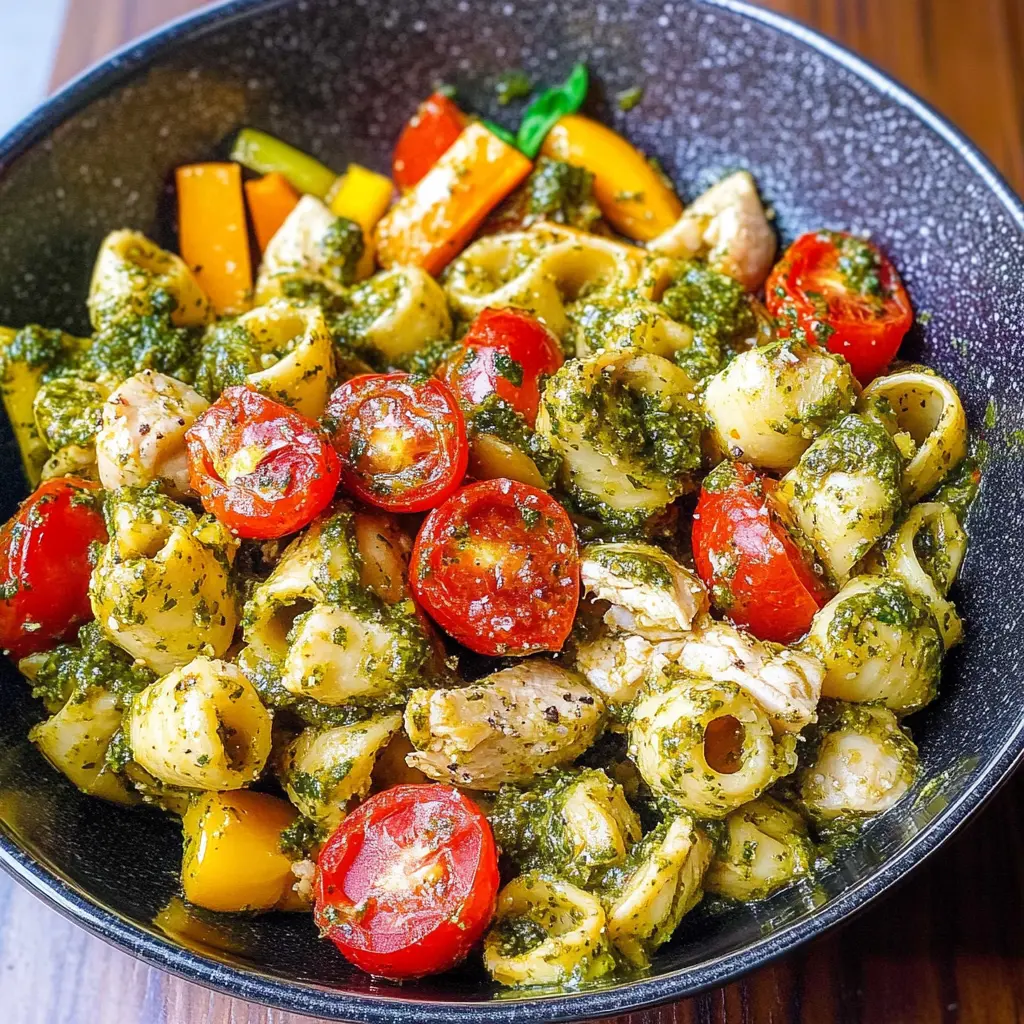 PESTO CHICKEN TORTELLINI AND VEGGIES centered hero view, clean and uncluttered