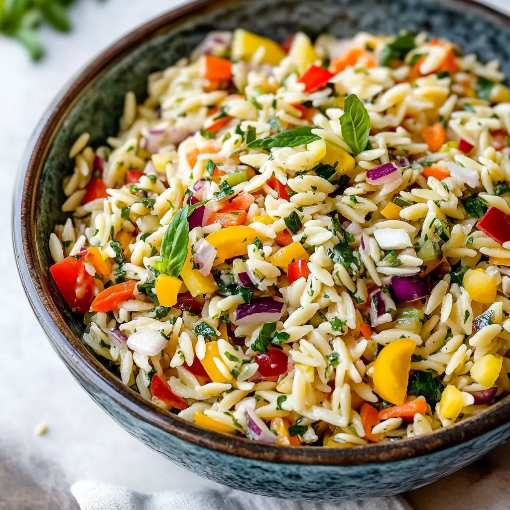 RAINBOW ORZO SALAD centered hero view, clean and uncluttered