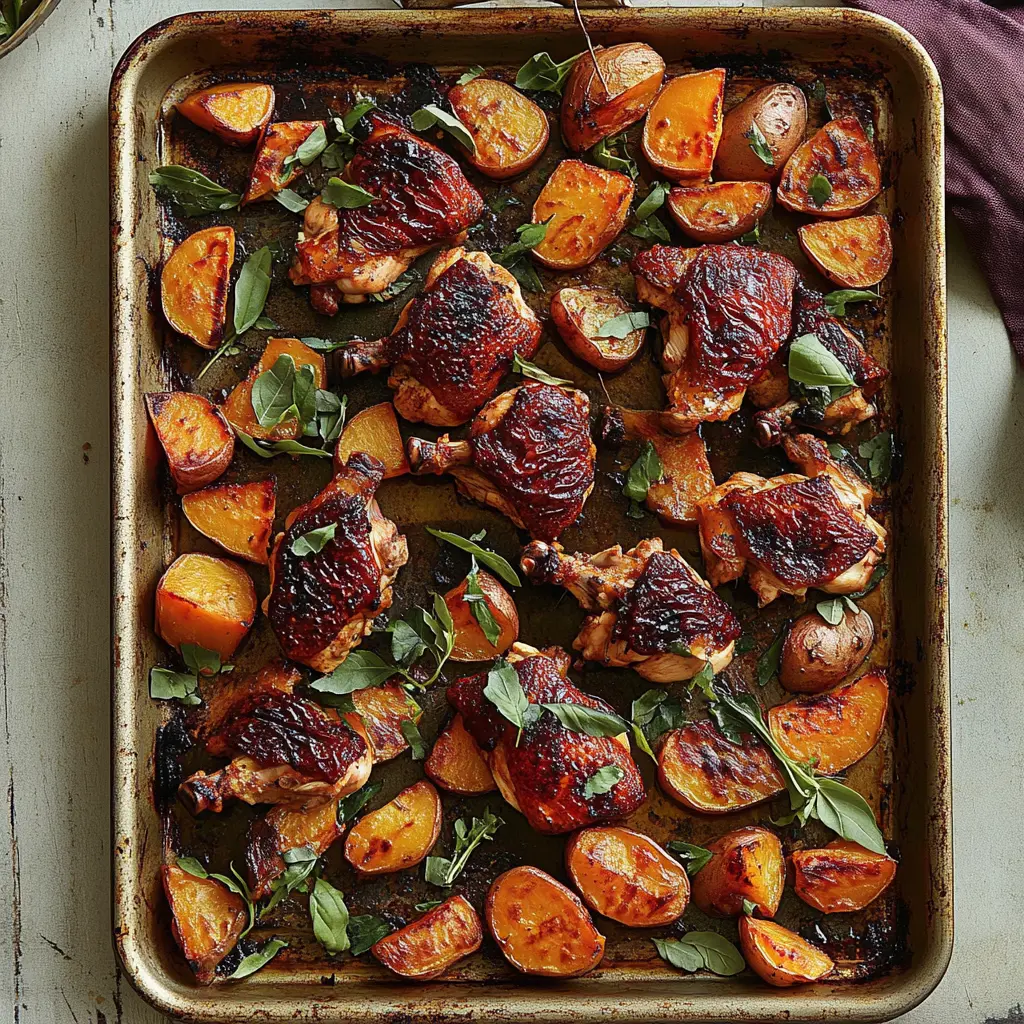 SHEET PAN CHICKEN AND SWEET POTATOES centered hero view, clean and uncluttered