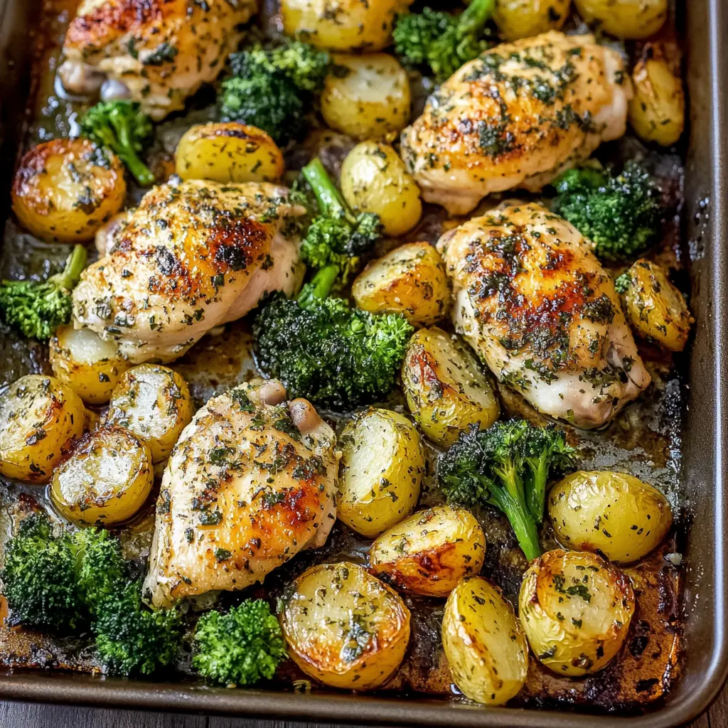 SHEET PAN GARLIC BUTTER CHICKEN centered hero view, clean and uncluttered