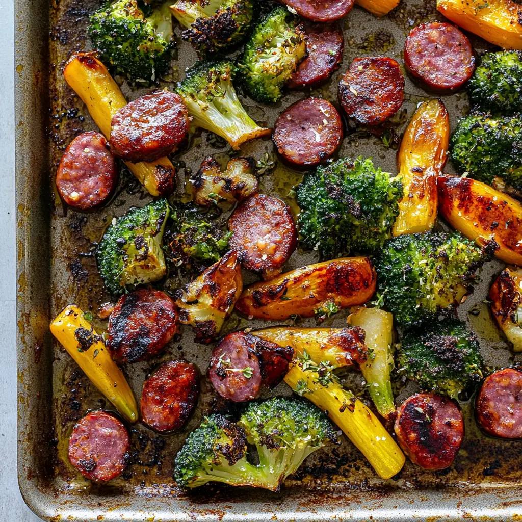 Sheet Pan Sausage and Vegetables Easy Weeknight Dinner 2 SHEET PAN SAUSAGE AND VEGETABLES centered hero view, clean and uncluttered
