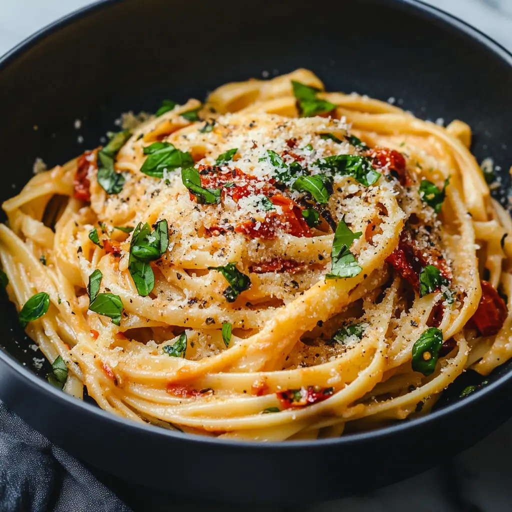 SUN-DRIED TOMATO PASTA centered hero view, clean and uncluttered