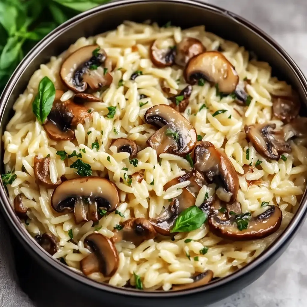 TASTY ORZO WITH MUSHROOMS centered hero view, clean and uncluttered